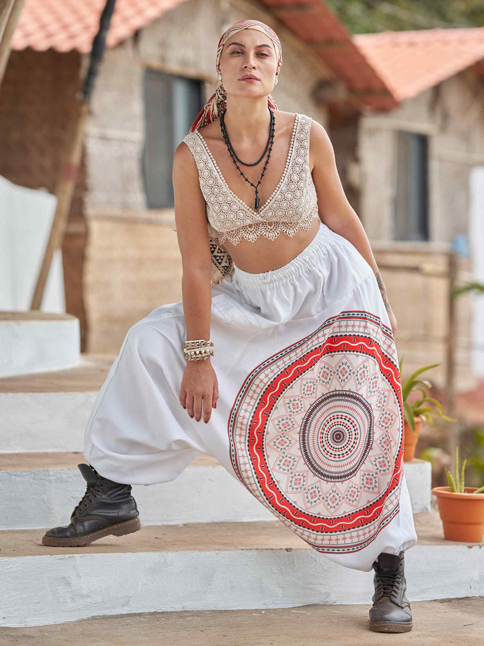 Women's White Mandala Dhoti Baggy Harem For Dance Yoga Travel image 4
