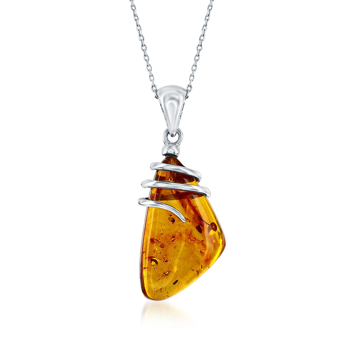 Sterling silver amber wrapped teardrop pendant necklace with reflective chain