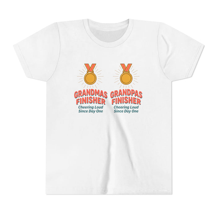 Youth Tee — "Grandmas Grandpas Finisher" Medal Design (Cheering Loud Since Day One)