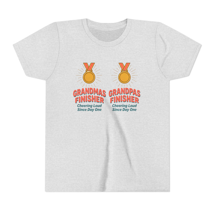 Youth Tee — "Grandmas Grandpas Finisher" Medal Design (Cheering Loud Since Day One)
