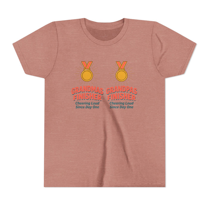 Youth Tee — "Grandmas Grandpas Finisher" Medal Design (Cheering Loud Since Day One)
