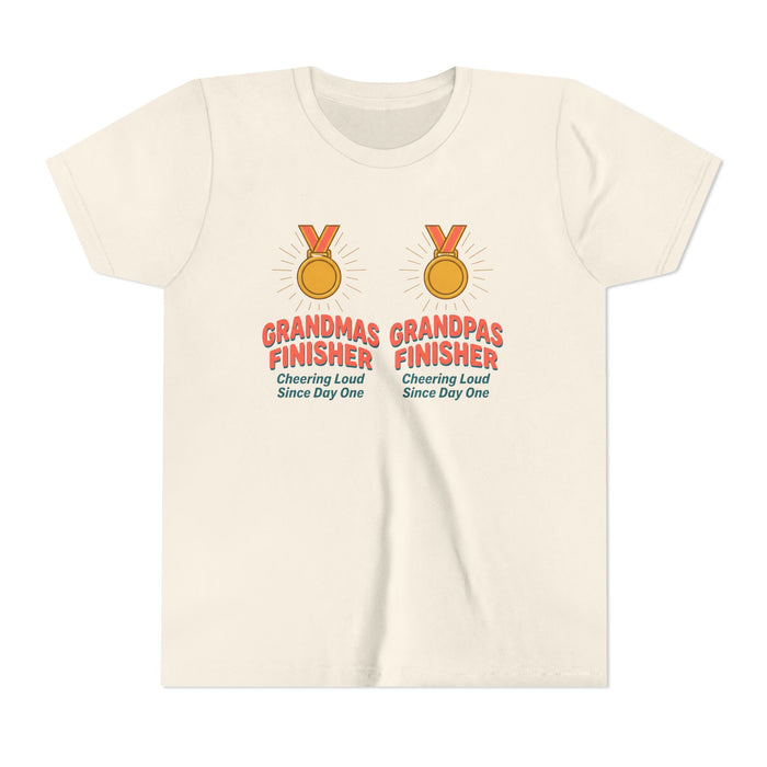 Youth Tee — "Grandmas Grandpas Finisher" Medal Design (Cheering Loud Since Day One)