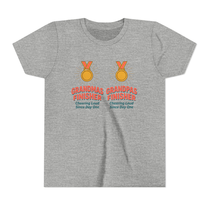 Youth Tee — "Grandmas Grandpas Finisher" Medal Design (Cheering Loud Since Day One)