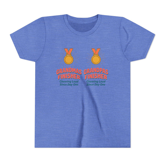 Youth Tee — "Grandmas Grandpas Finisher" Medal Design (Cheering Loud Since Day One)