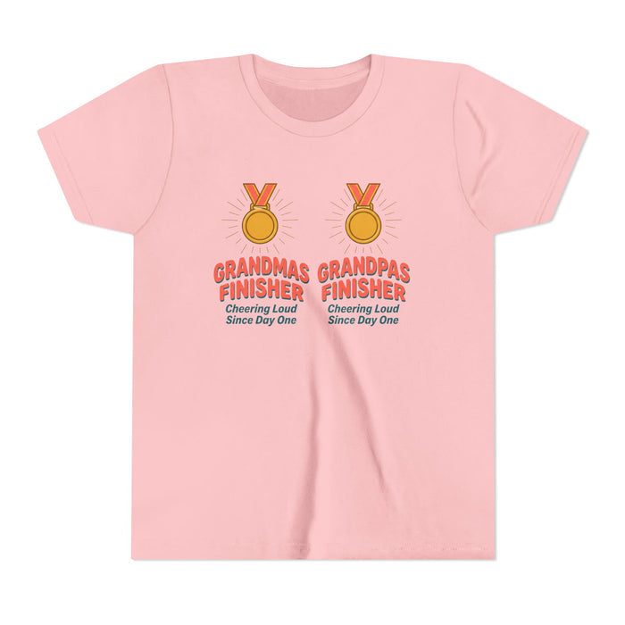 Youth Tee — "Grandmas Grandpas Finisher" Medal Design (Cheering Loud Since Day One)